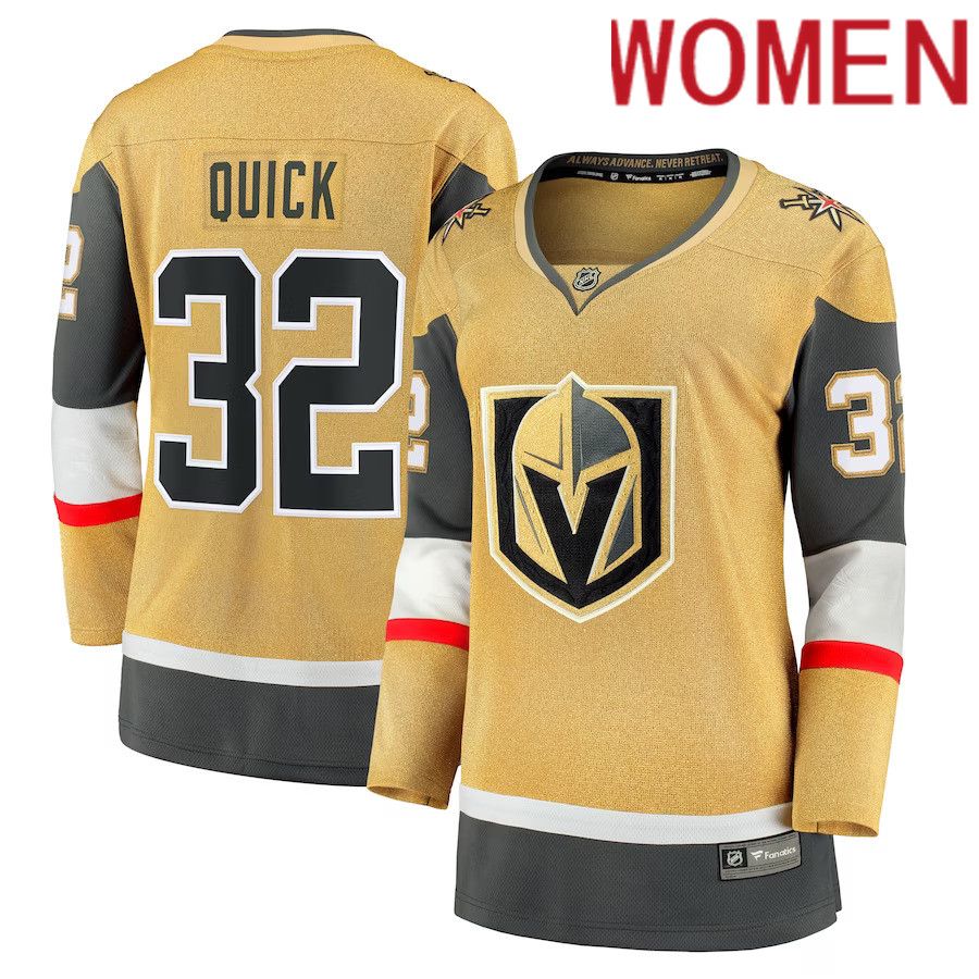 Women Vegas Golden Knights 32 Jonathan Quick Fanatics Branded Gold Home Breakaway NHL Jersey